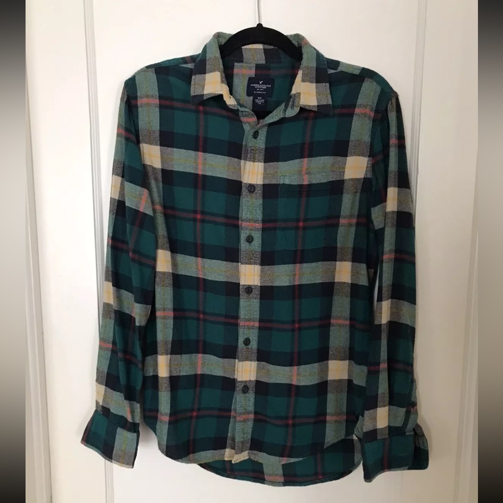 American Eagle Mens Flannel Shirt Plaid Sz Small P Long Sleeve Green Red Yellow